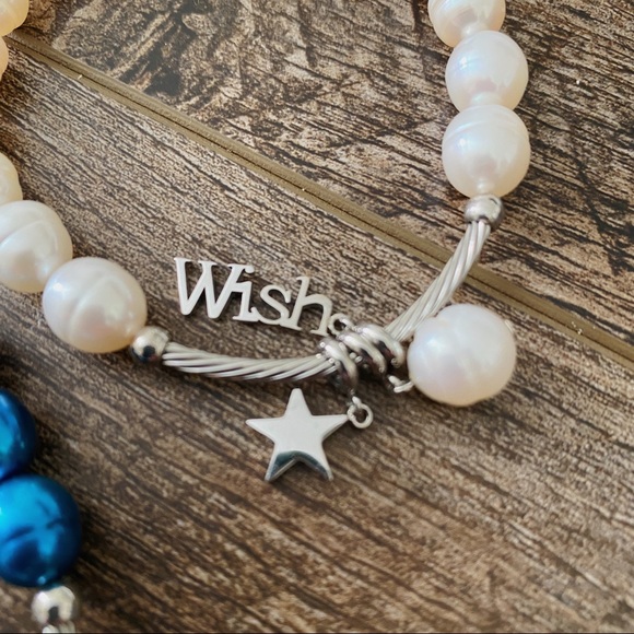 Wish Protect Beaded Inspirational Word Charm Bracelet Set Jewelry White Blue - Picture 3 of 4